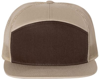 Am image of a Custom Richardson Seven Panel Trucker Cap in Brown/Khaki!