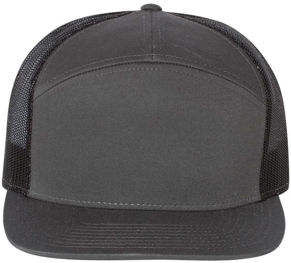 Am image of a Custom Richardson Seven Panel Trucker Cap in Charcoal/Black!