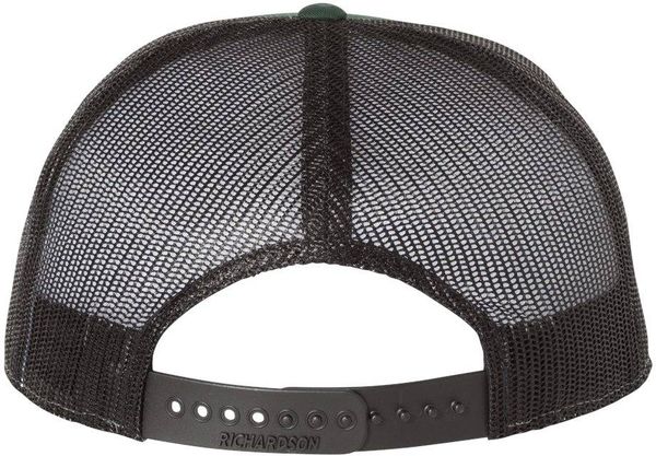 Am image of a Custom Richardson Seven Panel Trucker Cap in Dark Green/Black!