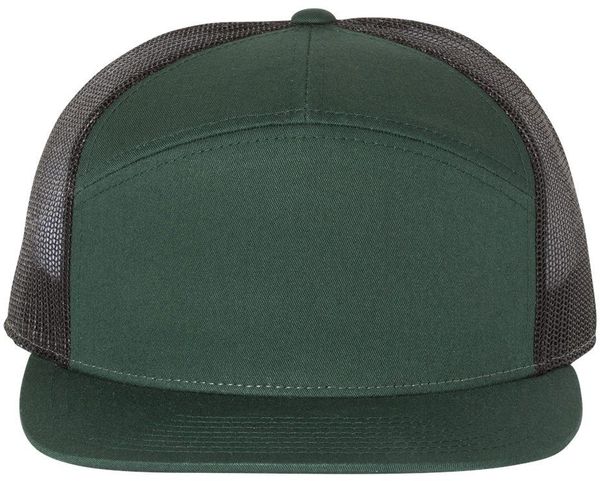 Am image of a Custom Richardson Seven Panel Trucker Cap in Dark Green/Black!
