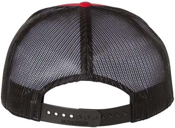 Am image of a Custom Richardson Seven Panel Trucker Cap in Red/Black!