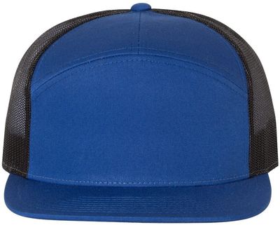 Am image of a Custom Richardson Seven Panel Trucker Cap in Royal/Black!