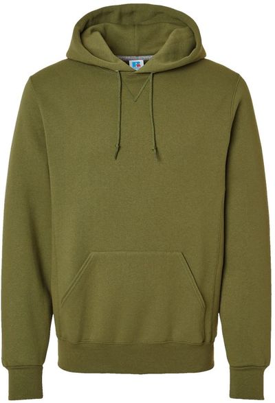 Am image of a Custom Russell Athletic Dri Power Fleece Hoodie in Green Moss!