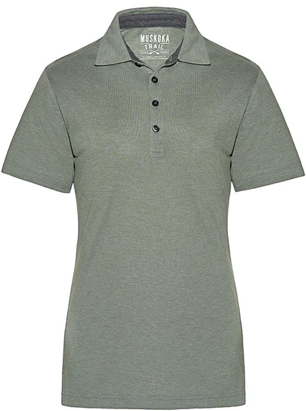 Am image of a Custom Muskoka Trail Garment Co Fairway Ladies Poly Cotton Polo Shirt in Melange Fatigue Green!