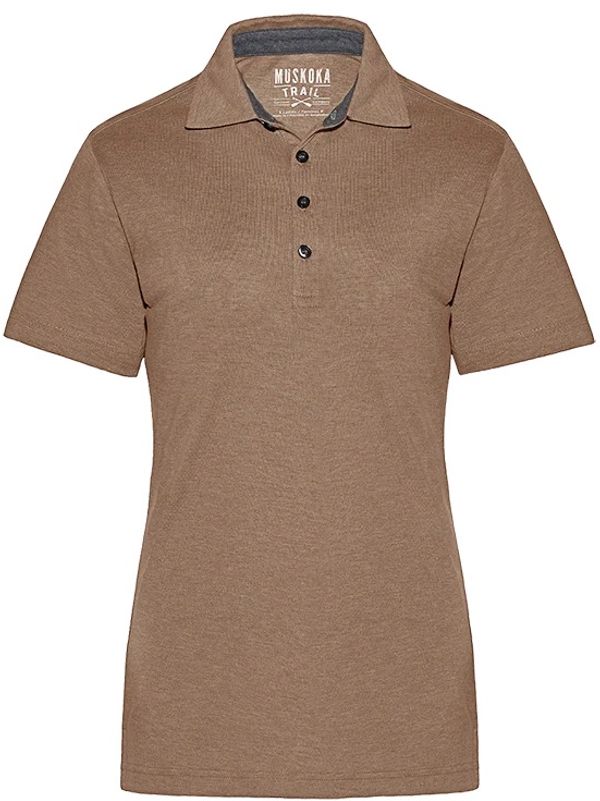 Am image of a Custom Muskoka Trail Garment Co Fairway Ladies Poly Cotton Polo Shirt in Melange Taupe!