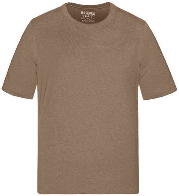Am image of a Custom Muskoka Trail Garment Co Liberty Mens Cotton Poly Crew Neck Tee in Melange Taupe!