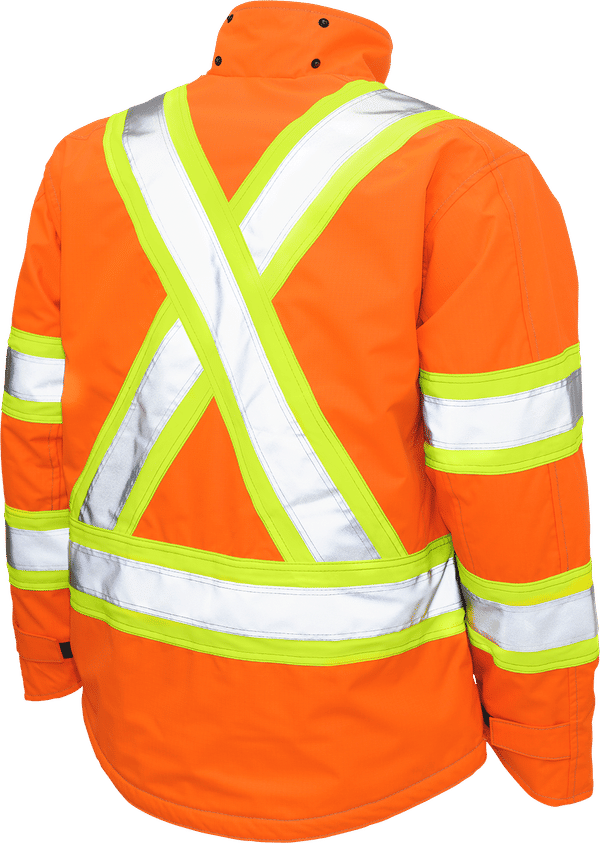 Am image of a Custom Tough Duck Ripstop Fleece Lined Safety Jacket in Solid Orange!