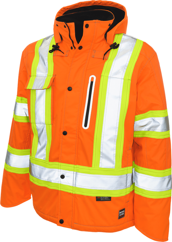 Am image of a Custom Tough Duck Ripstop Fleece Lined Safety Jacket in Solid Orange!