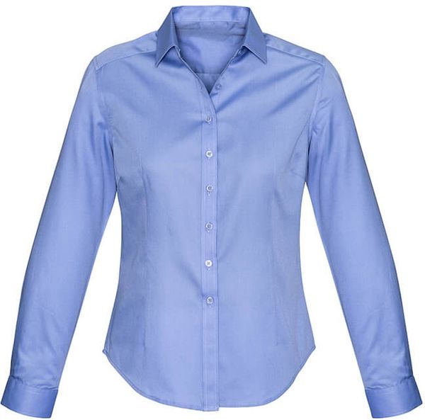 Am image of a Custom Biz Collection Ladies Dalton Long Sleeve Shirt in Mid Blue!