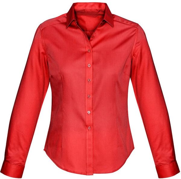 Am image of a Custom Biz Collection Ladies Dalton Long Sleeve Shirt in Red!