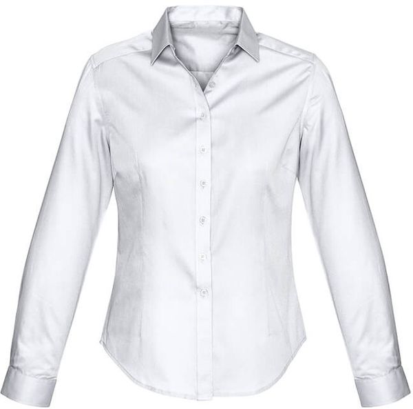 Am image of a Custom Biz Collection Ladies Dalton Long Sleeve Shirt in White!