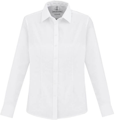 Am image of a Custom Biz Collection Ladies Oxford Long Sleeve Shirt in White!