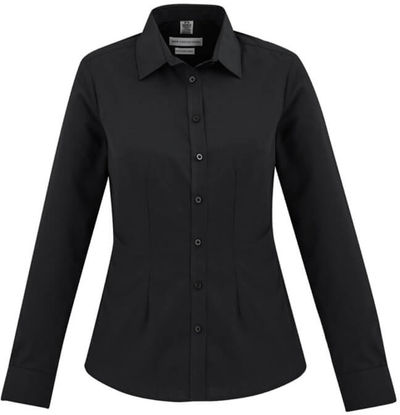 Am image of a Custom Biz Collection Ladies London Long Sleeve Shirt in Black!