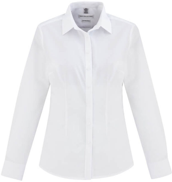 Am image of a Custom Biz Collection Ladies London Long Sleeve Shirt in White!