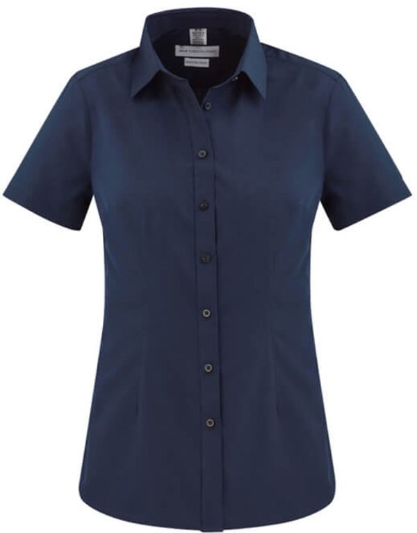 Am image of a Custom Biz Collection Ladies London Short Sleeve Shirt in Navy!