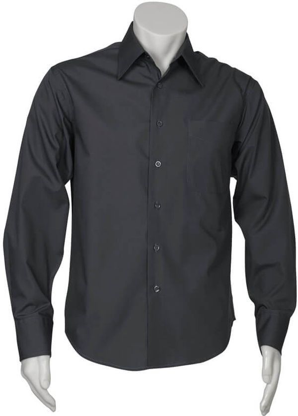 Am image of a Custom Biz Collection Mens Metro Long Sleeve Shirt in Charcoal!