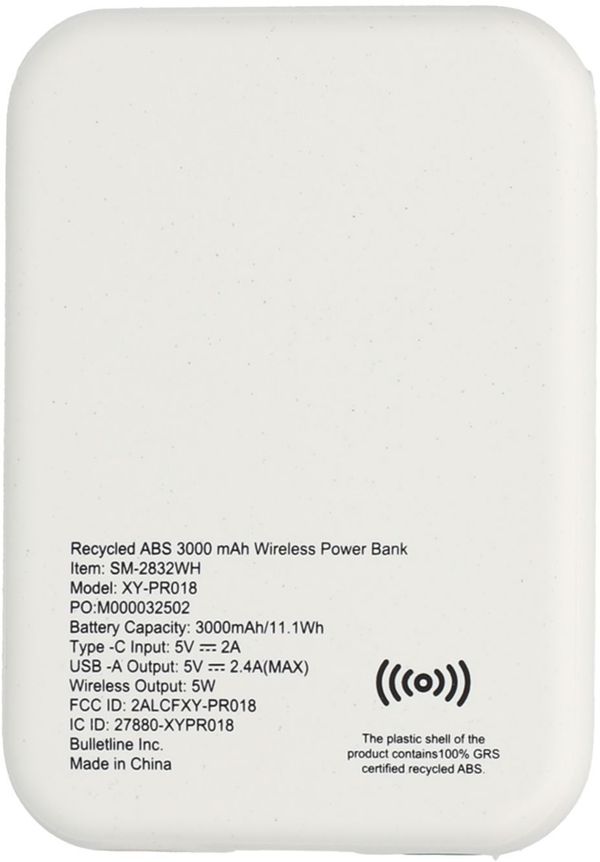 Am image of a Custom Recycled ABS 3000 mAh Wireless Power Bank in White!