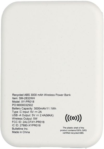 Am image of a Custom Recycled ABS 3000 mAh Wireless Power Bank in White!