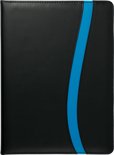 Am image of a Custom Session Padfolio in Black w/ Blue Trim!