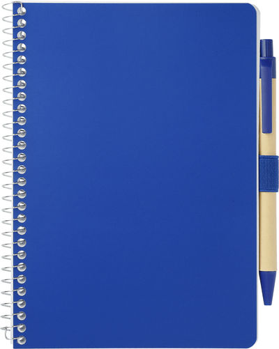 Am image of a Custom 5” x 7” FSC® Mix Spiral Notebook with Pen in Blue!
