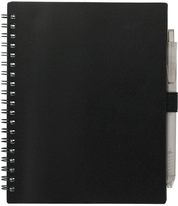 Am image of a Custom 5.5” x 7” FSC Recycled Spiral Notebook with RPET Pen in Black!