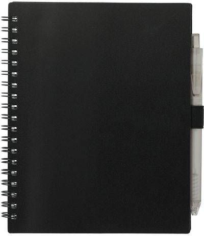 Am image of a Custom 5.5” x 7” FSC Recycled Spiral Notebook with RPET Pen in Black!