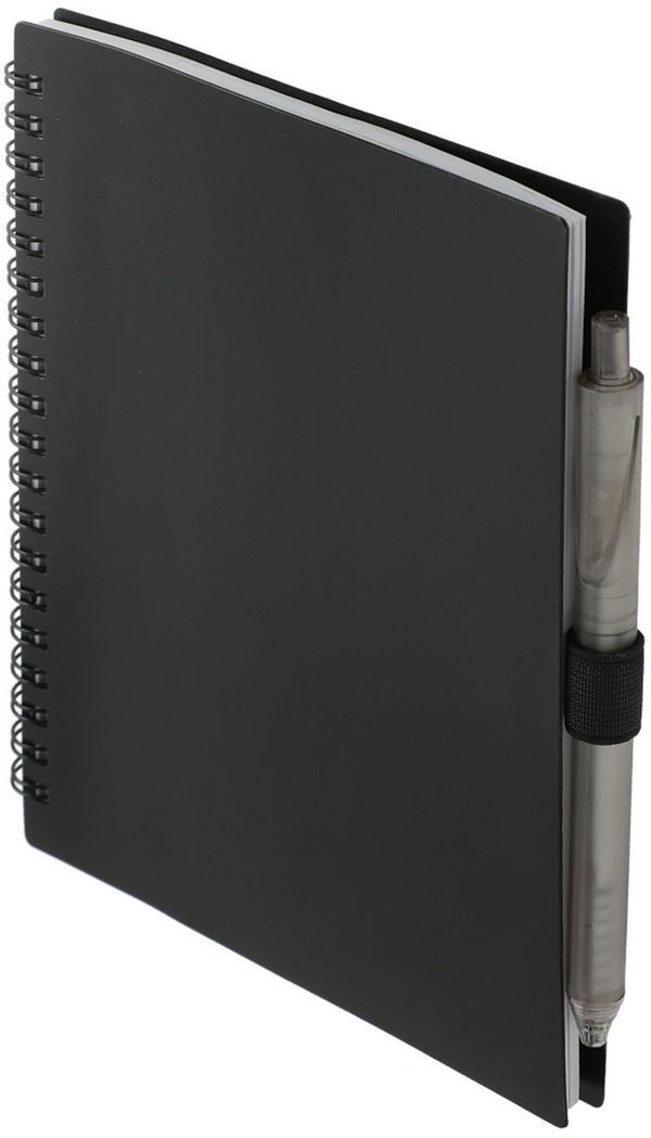 Am image of a Custom 5.5” x 7” FSC Recycled Spiral Notebook with RPET Pen in Black!