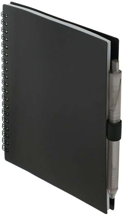 Am image of a Custom 5.5” x 7” FSC Recycled Spiral Notebook with RPET Pen in Black!