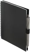 Am image of a Custom 5.5” x 7” FSC Recycled Spiral Notebook with RPET Pen in Black!