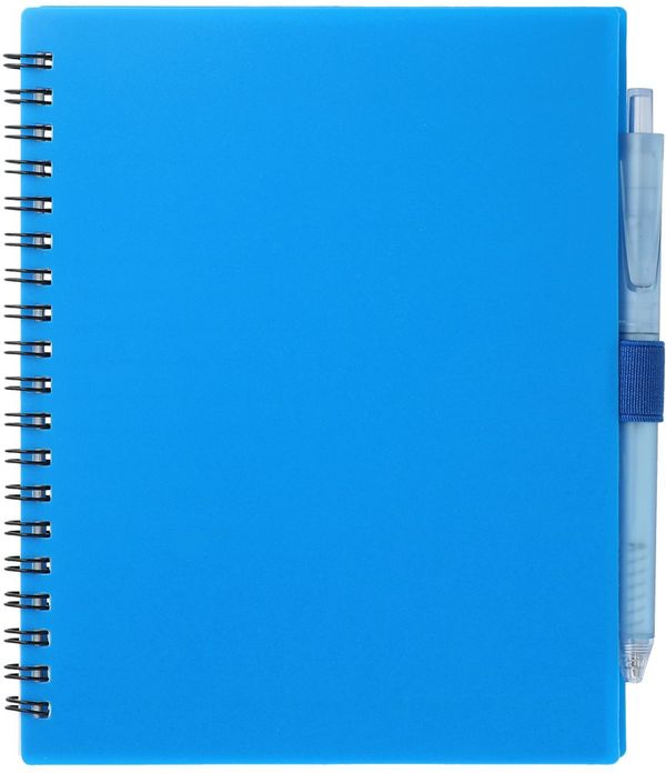 Am image of a Custom 5.5” x 7” FSC Recycled Spiral Notebook with RPET Pen in Blue!
