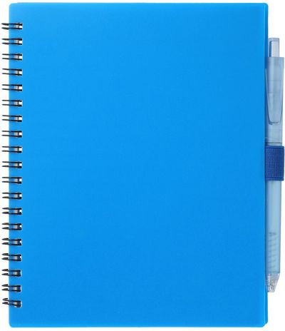 Am image of a Custom 5.5” x 7” FSC Recycled Spiral Notebook with RPET Pen in Blue!