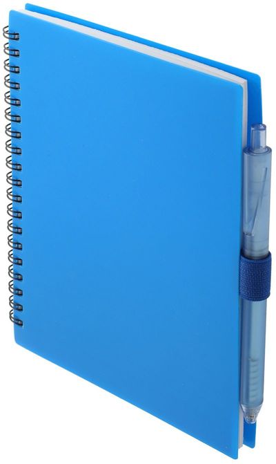 Am image of a Custom 5.5” x 7” FSC Recycled Spiral Notebook with RPET Pen in Blue!