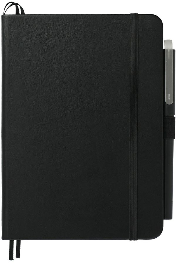 Am image of a Custom 5in x 7in Bulleting Bound Notebook with Pen in Black!