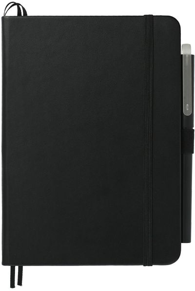Am image of a Custom 5in x 7in Bulleting Bound Notebook with Pen in Black!