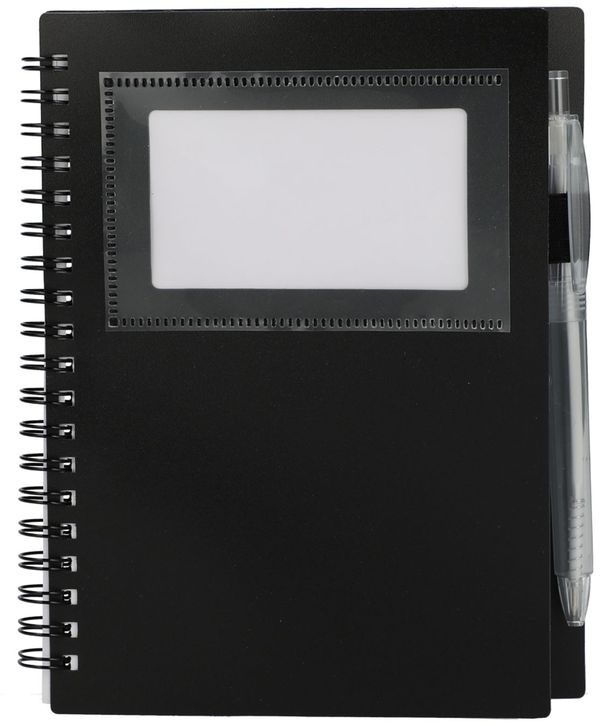 Am image of a Custom 5 x 7 in FSC Recycled Star Spiral Notebook with Pen in Black!