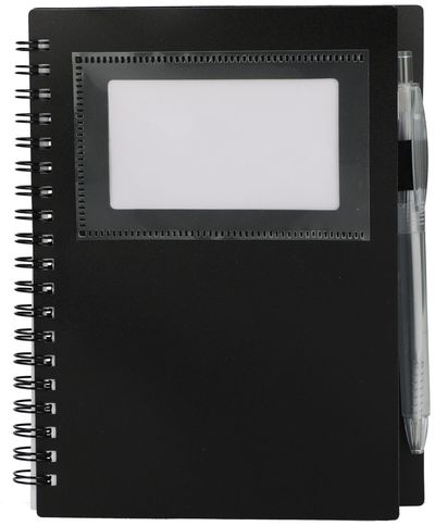 Am image of a Custom 5 x 7 in FSC Recycled Star Spiral Notebook with Pen in Black!