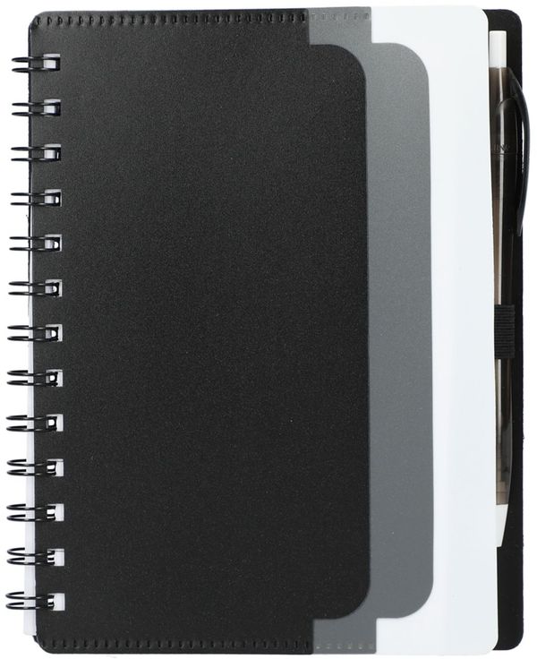 Am image of a Custom 5in x 7 in Recycled Dual Pocket Spiral Notebook in Black!