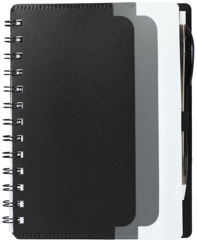 Am image of a Custom 5in x 7 in Recycled Dual Pocket Spiral Notebook in Black!