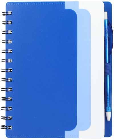 Am image of a Custom 5in x 7 in Recycled Dual Pocket Spiral Notebook in Blue!