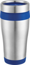 Am image of a Custom Carmel 16oz Travel Tumbler in Blue!
