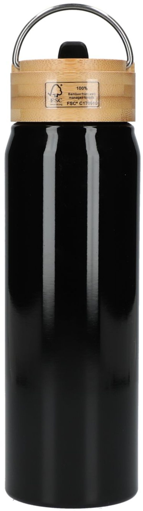 Am image of a Custom Billy 26oz Eco Friendly Aluminum Bottle With FSC Bamboo Lid in Black!