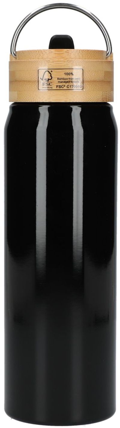 Am image of a Custom Billy 26oz Eco Friendly Aluminum Bottle With FSC Bamboo Lid in Black!