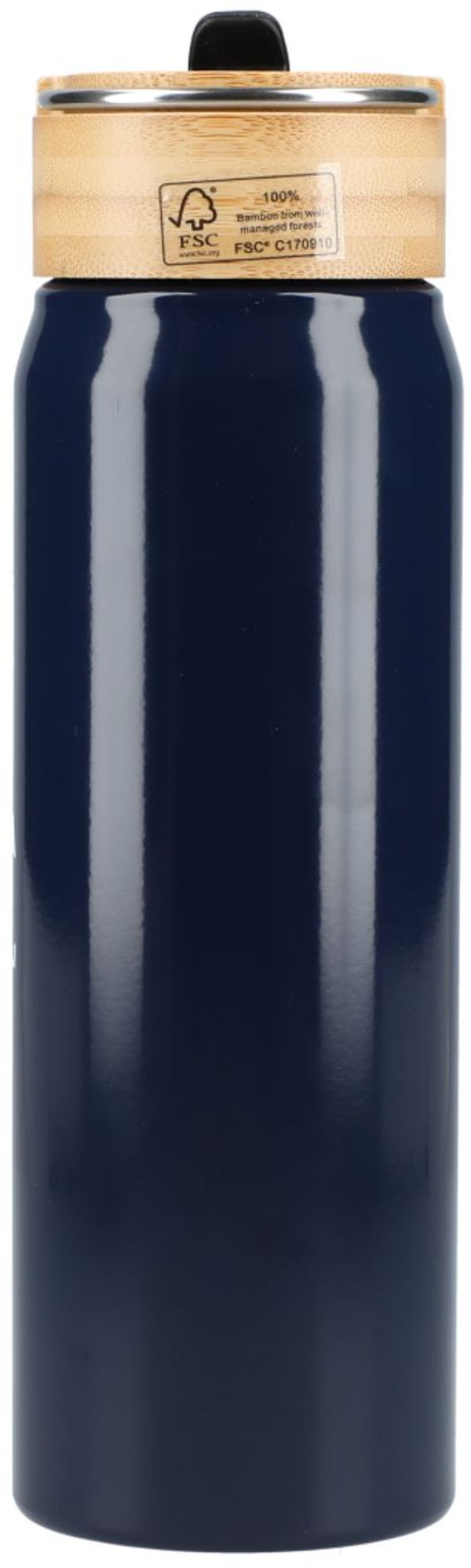 Am image of a Custom Billy 26oz Eco Friendly Aluminum Bottle With FSC Bamboo Lid in Navy!