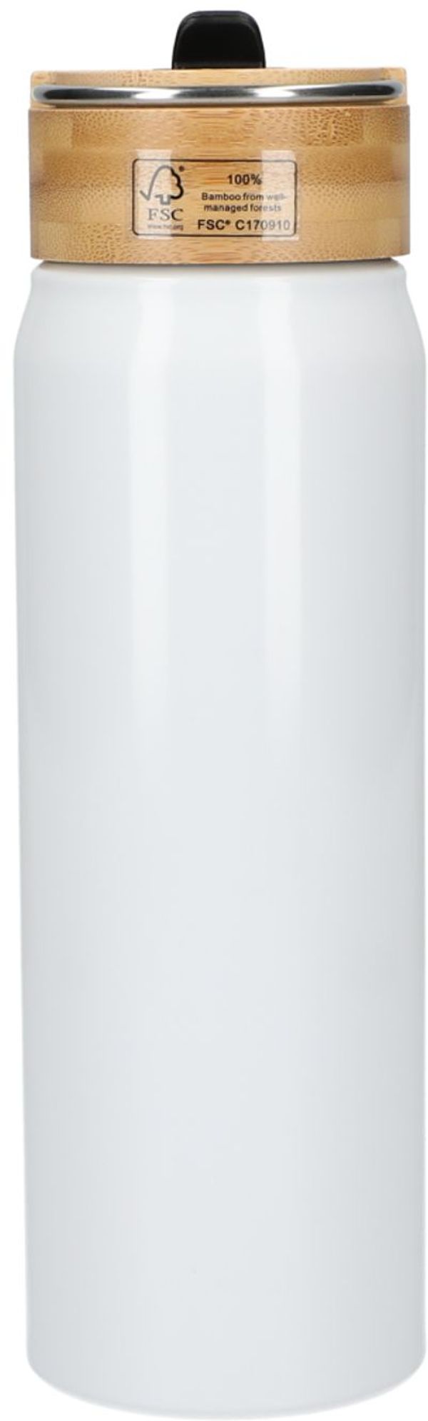 Am image of a Custom Billy 26oz Eco Friendly Aluminum Bottle With FSC Bamboo Lid in White!