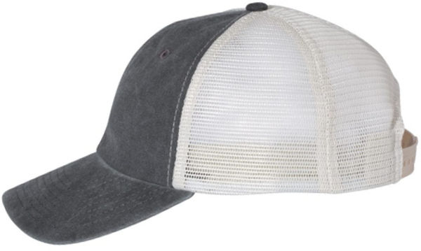 An image of a Custom Sportsman Pigment Dyed Trucker Cap in Black/Stone!