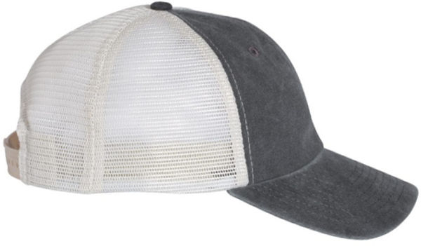 An image of a Custom Sportsman Pigment Dyed Trucker Cap in Black/Stone!