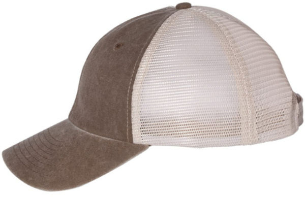 An image of a Custom Sportsman Pigment Dyed Trucker Cap in Brown/Stone!