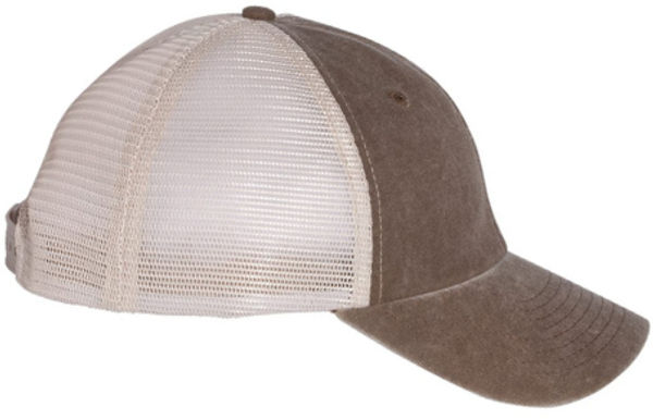 An image of a Custom Sportsman Pigment Dyed Trucker Cap in Brown/Stone!