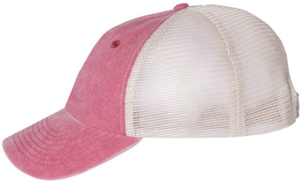 An image of a Custom Sportsman Pigment Dyed Trucker Cap in Cardinal/Stone!