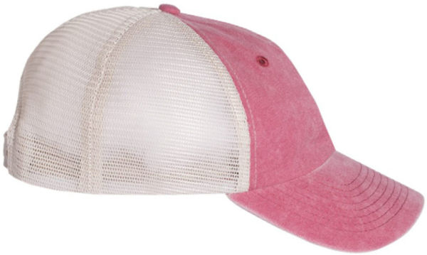 An image of a Custom Sportsman Pigment Dyed Trucker Cap in Cardinal/Stone!